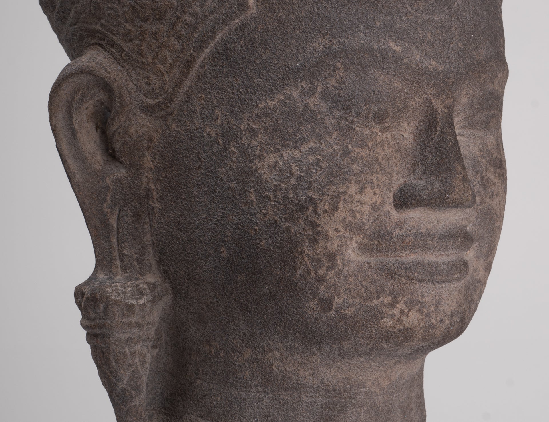 Jayavarman Statue - Antique Khmer Style Mounted Stone Jayavarman VII Head Statue - 53cm/21"