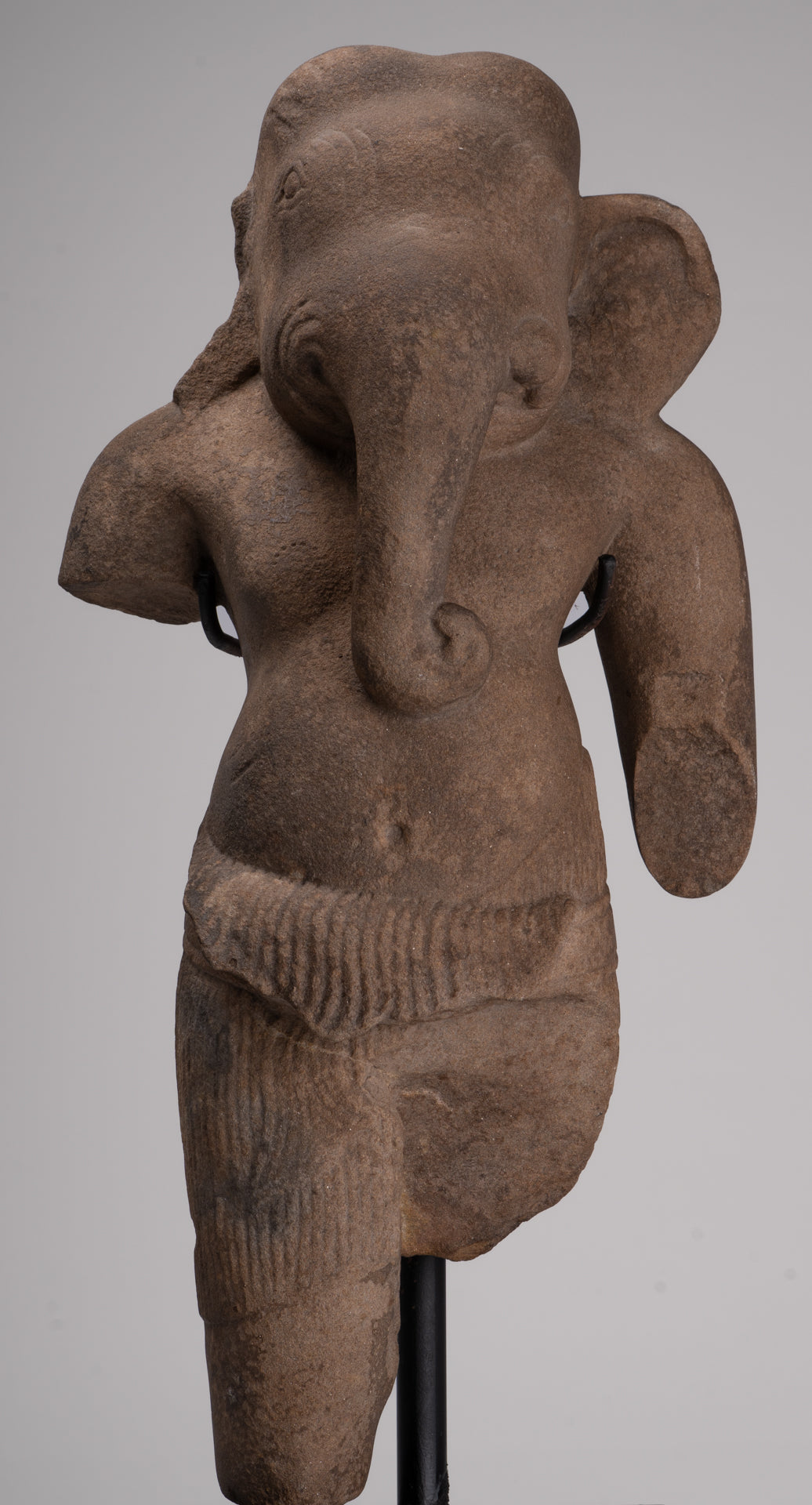 Ganesha Statue - Antique Khmer Style Stone Bayon Mounted Ganesha Torso Statue - 61cm/24"