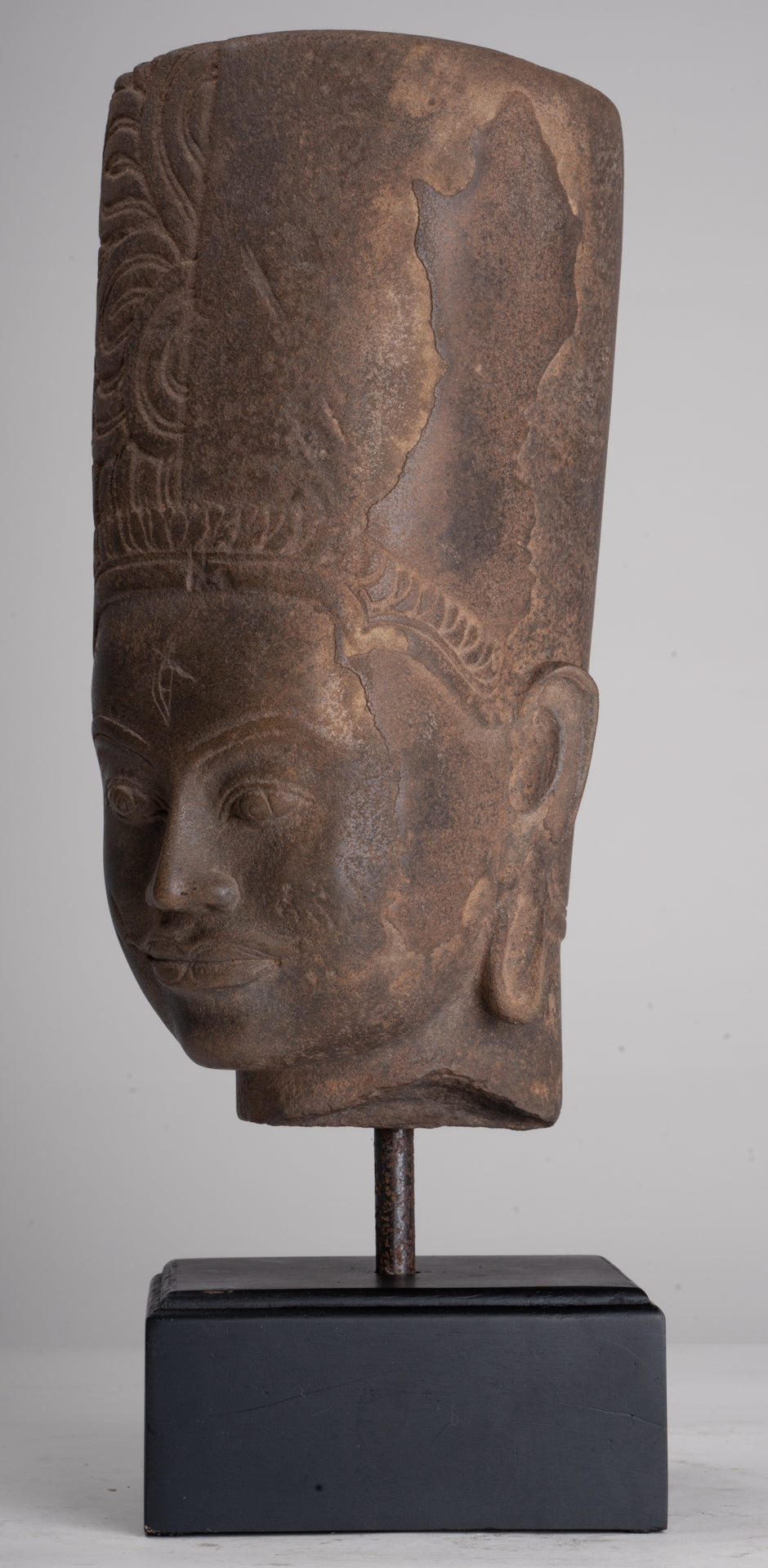 HariHara Statue - Antique Phnom Da Style Stone Khmer Hari Hara or Vishnu & Shiva Head - 43cm/17"
