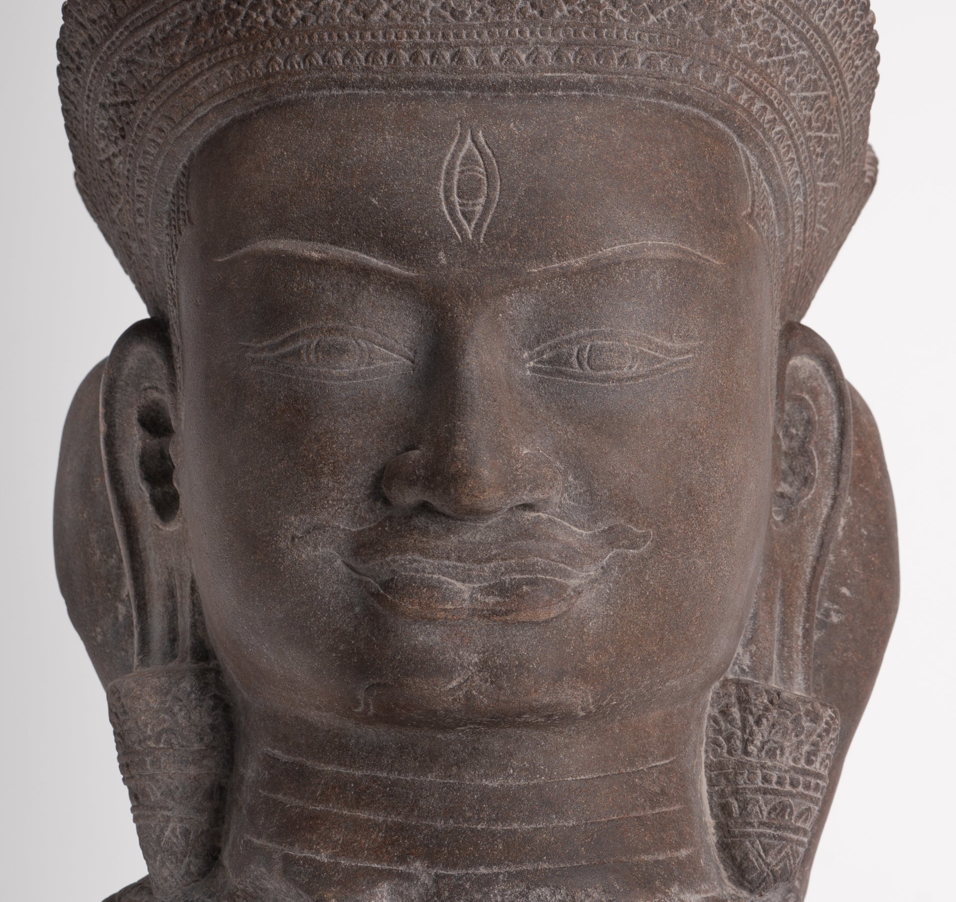 Shiva Ganesha Statue - Antique Banteay Srei Style Khmer Stone Shiva & Ganesha Statue Head - 54cm/22"