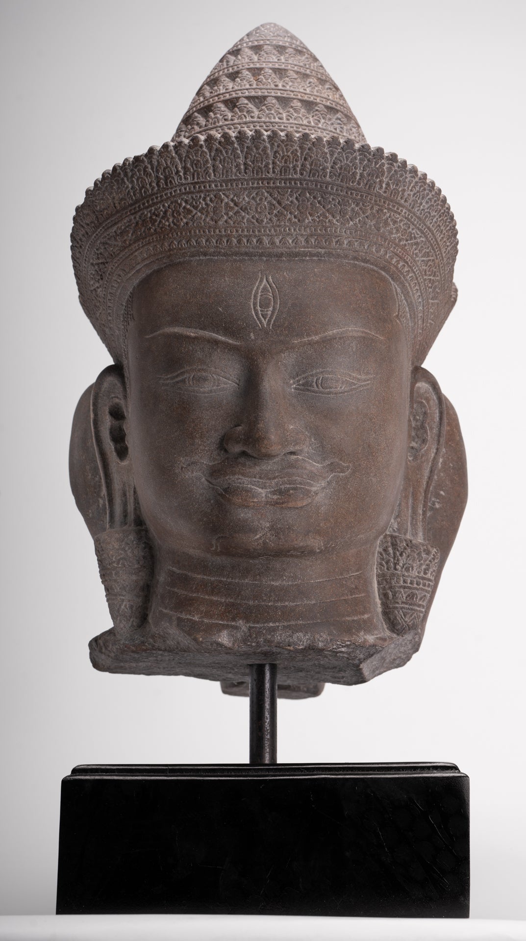 Shiva Ganesha Statue - Antique Banteay Srei Style Khmer Stone Shiva & Ganesha Statue Head - 54cm/22"