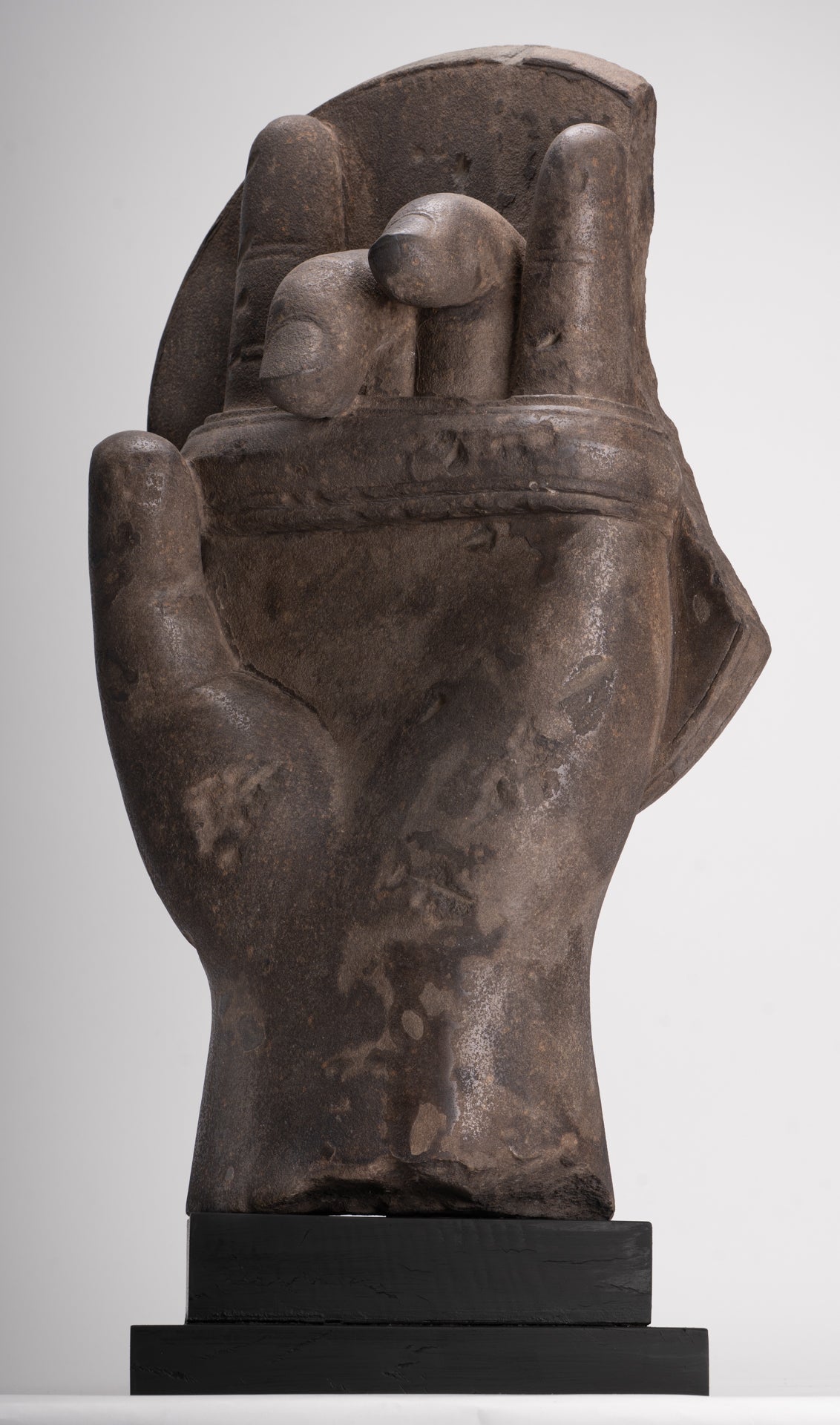 Jayavarman Statue - Antique Khmer Style Stone Bayon Mounted Jayavarman Bodyguard Shield Statue - 69cm/28"