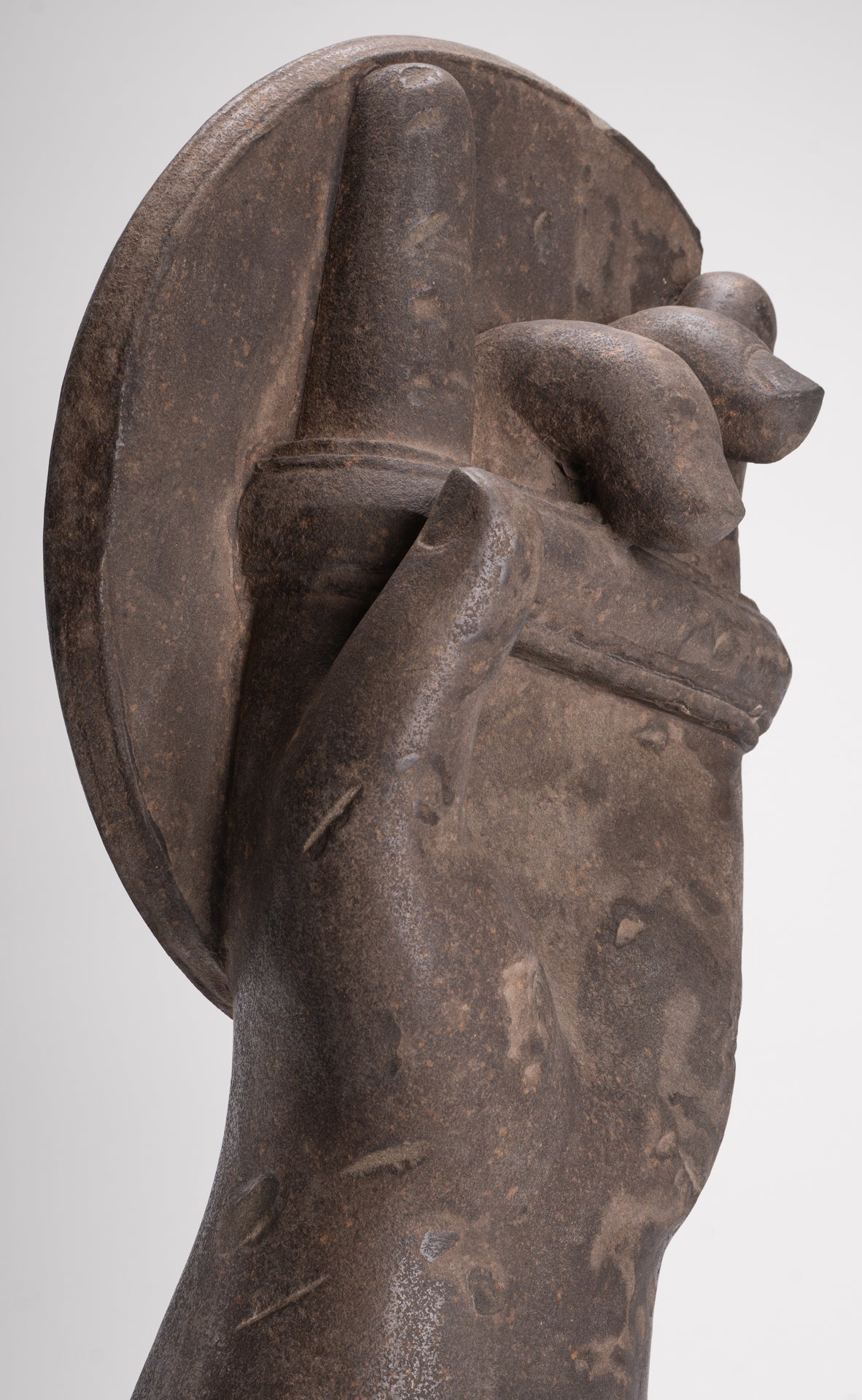 Jayavarman Statue - Antique Khmer Style Stone Bayon Mounted Jayavarman Bodyguard Shield Statue - 69cm/28"