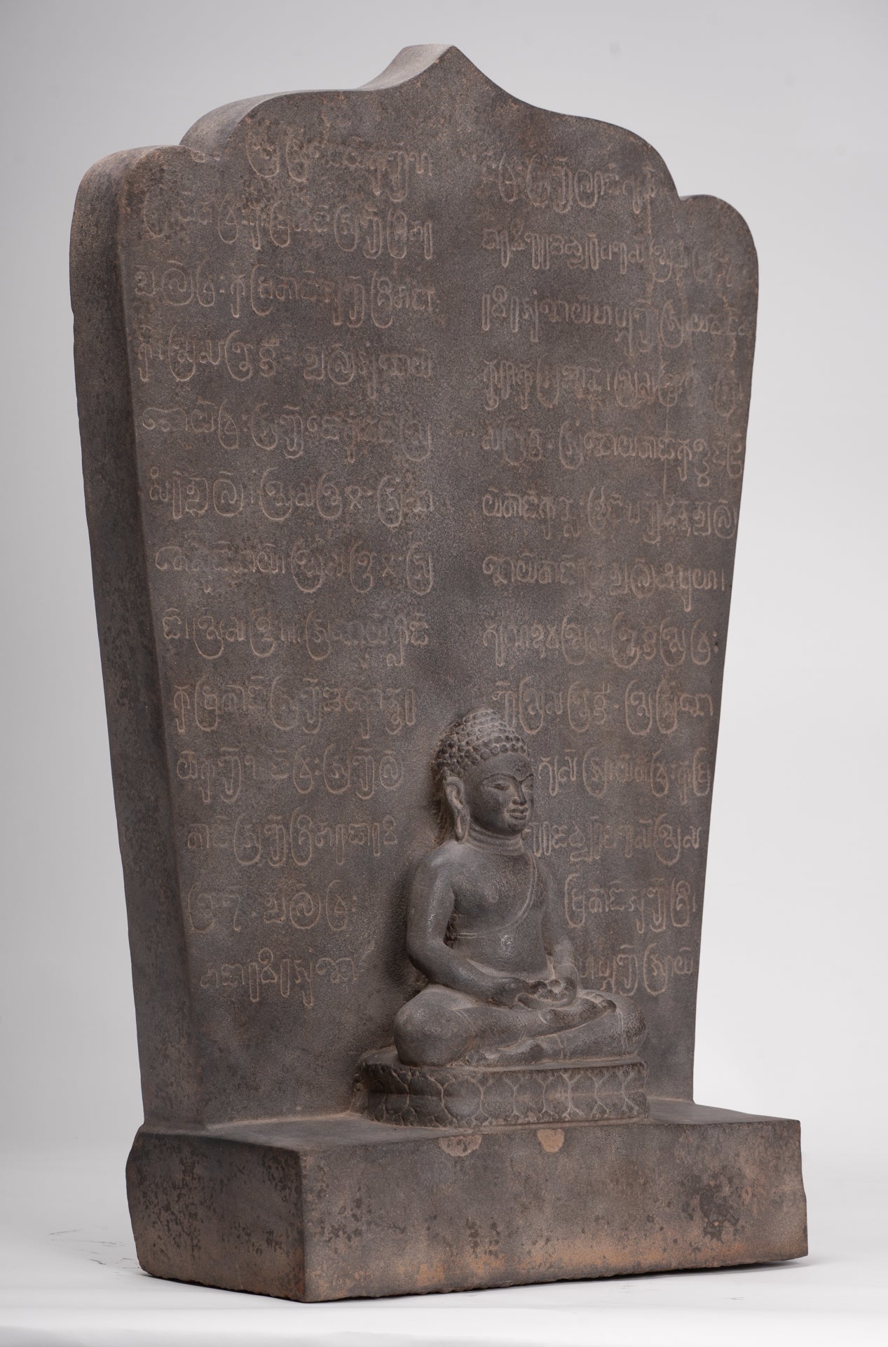 Buddha Statue - Antique Khmer Style Stone Stele Seated Meditation Buddha Statue - 61cm/24"