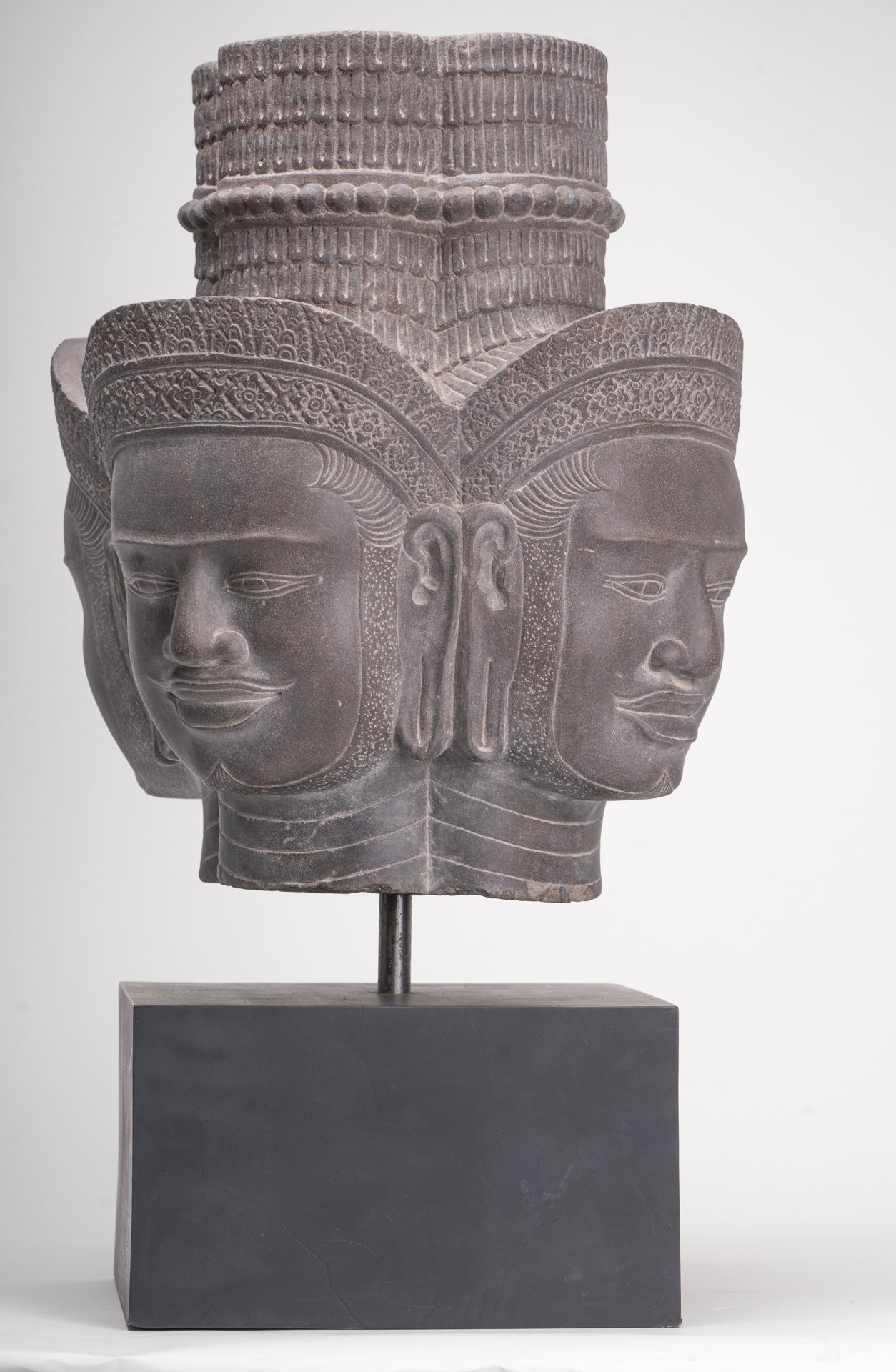 Brahma Statue - Antique Khmer Style Koh Ker Mounted Stone Brahma Head - Hindu God Creation - 60cm/24"