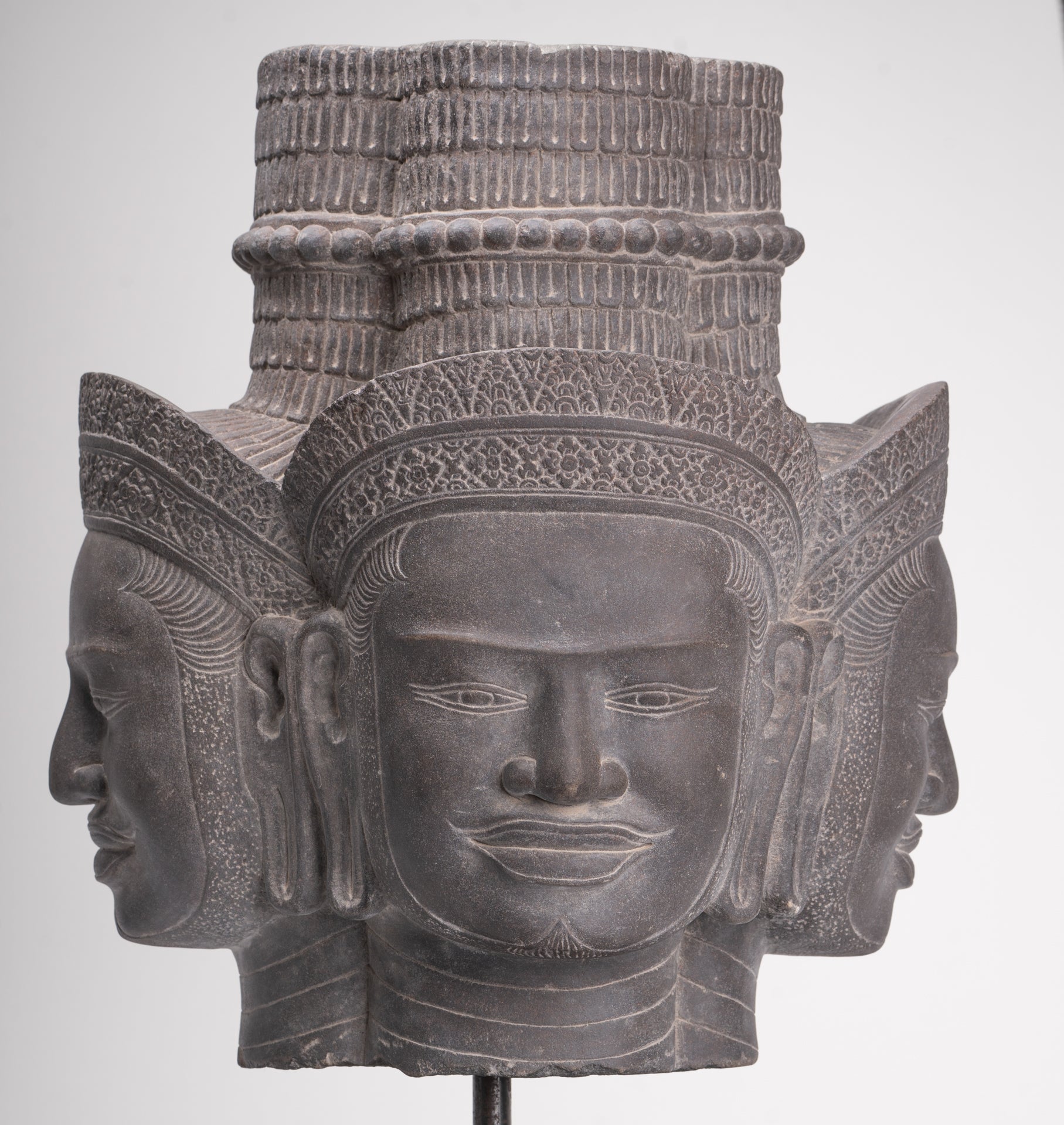 Brahma Statue - Antique Khmer Style Koh Ker Mounted Stone Brahma Head - Hindu God Creation - 60cm/24"