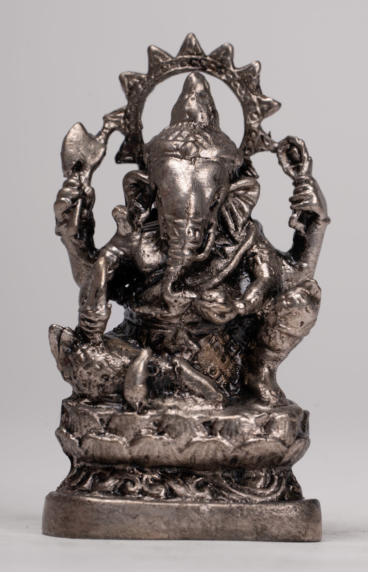 Ganesha Statue - Antique Thai Style Bronze Seated Silver Ganesha Statue - 10cm/4"