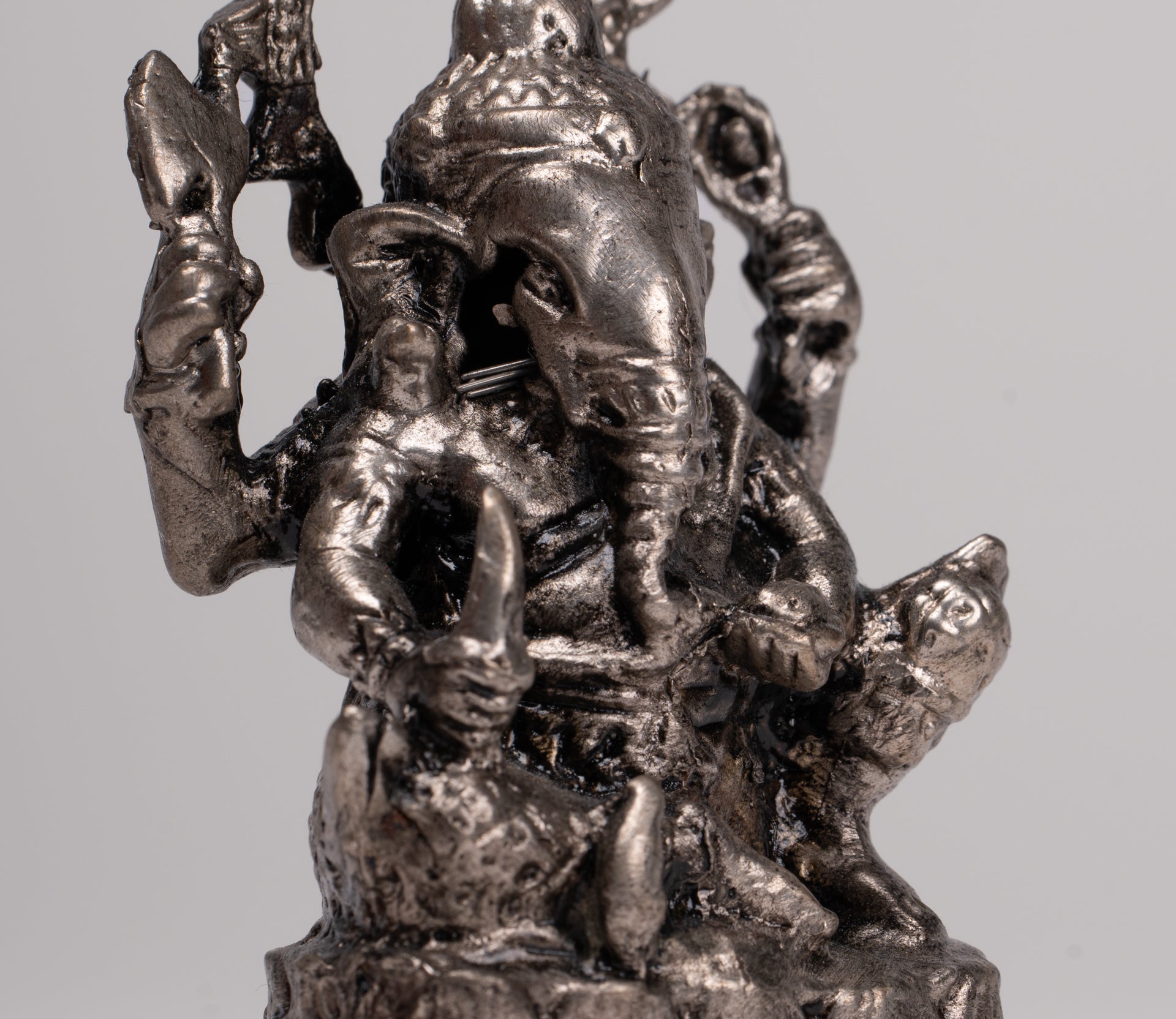 Ganesha Statue - Antique Thai Style Bronze Seated Silver Ganesha Statue - 10cm/4"