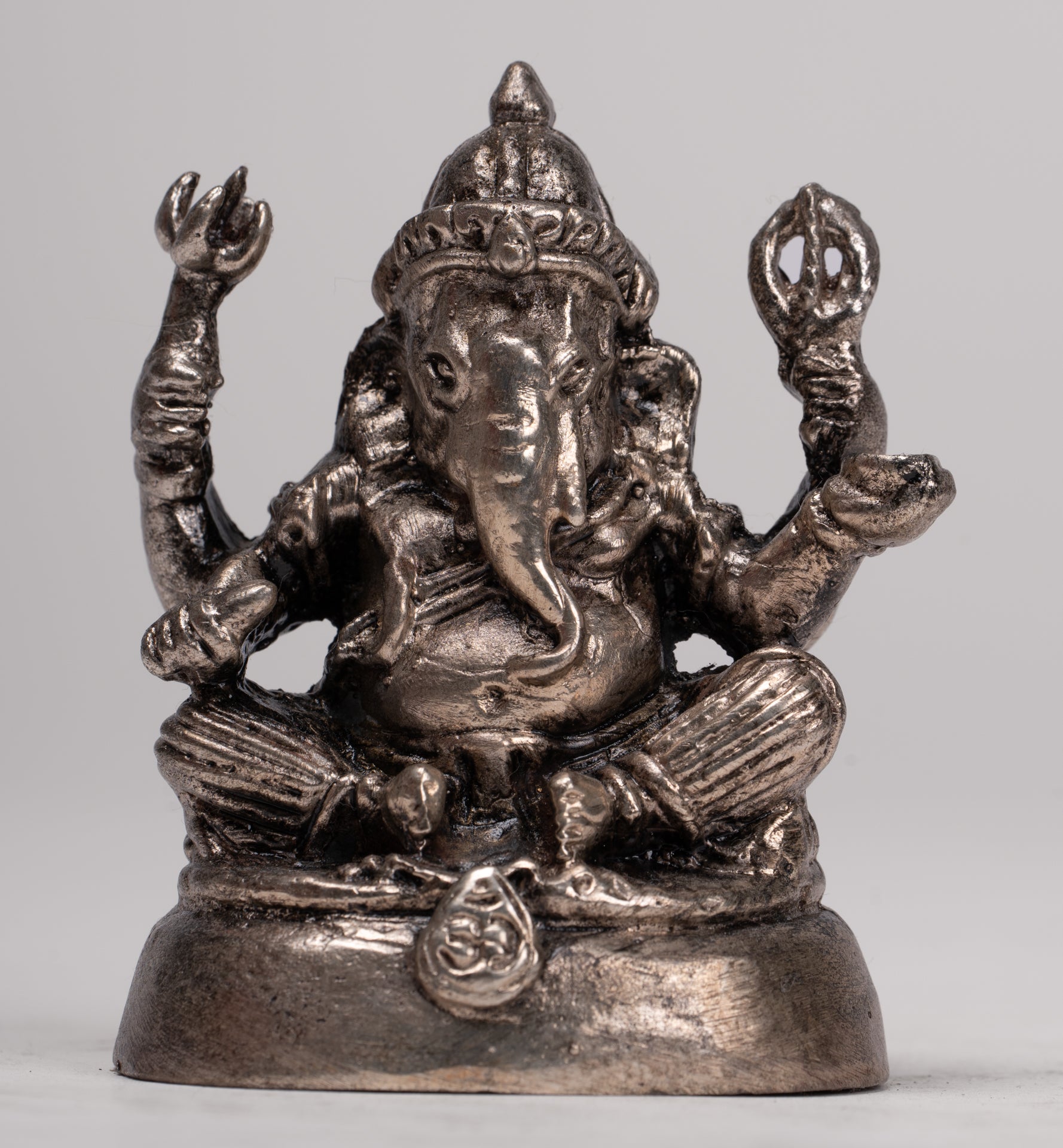 Ganesha Statue - Antique Thai Style Bronze Seated Silver Ganesha Statue - 8cm/3"
