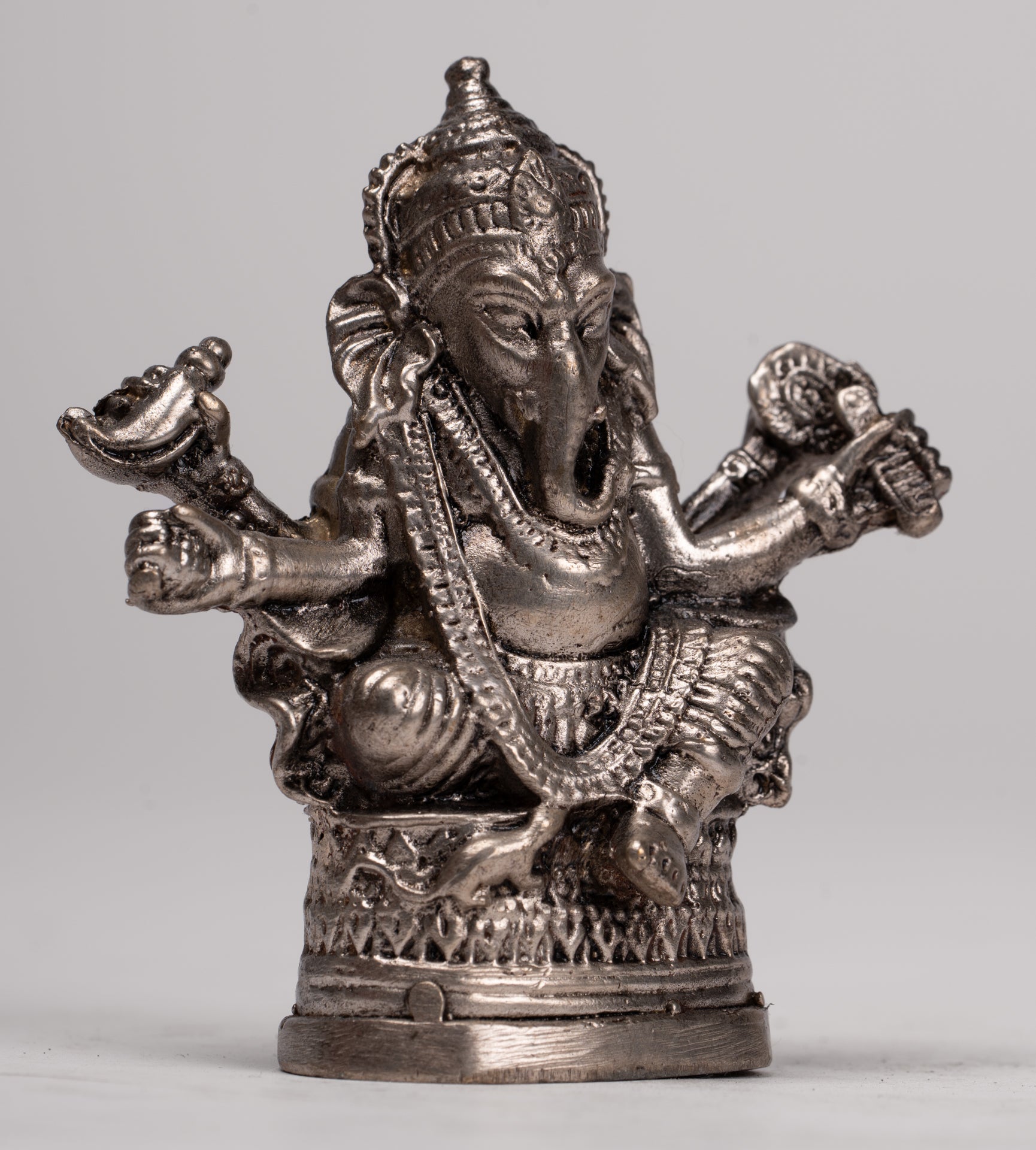Ganesha Statue - Antique Thai Style Bronze Seated Silver Ganesha Statue - 8cm/3"