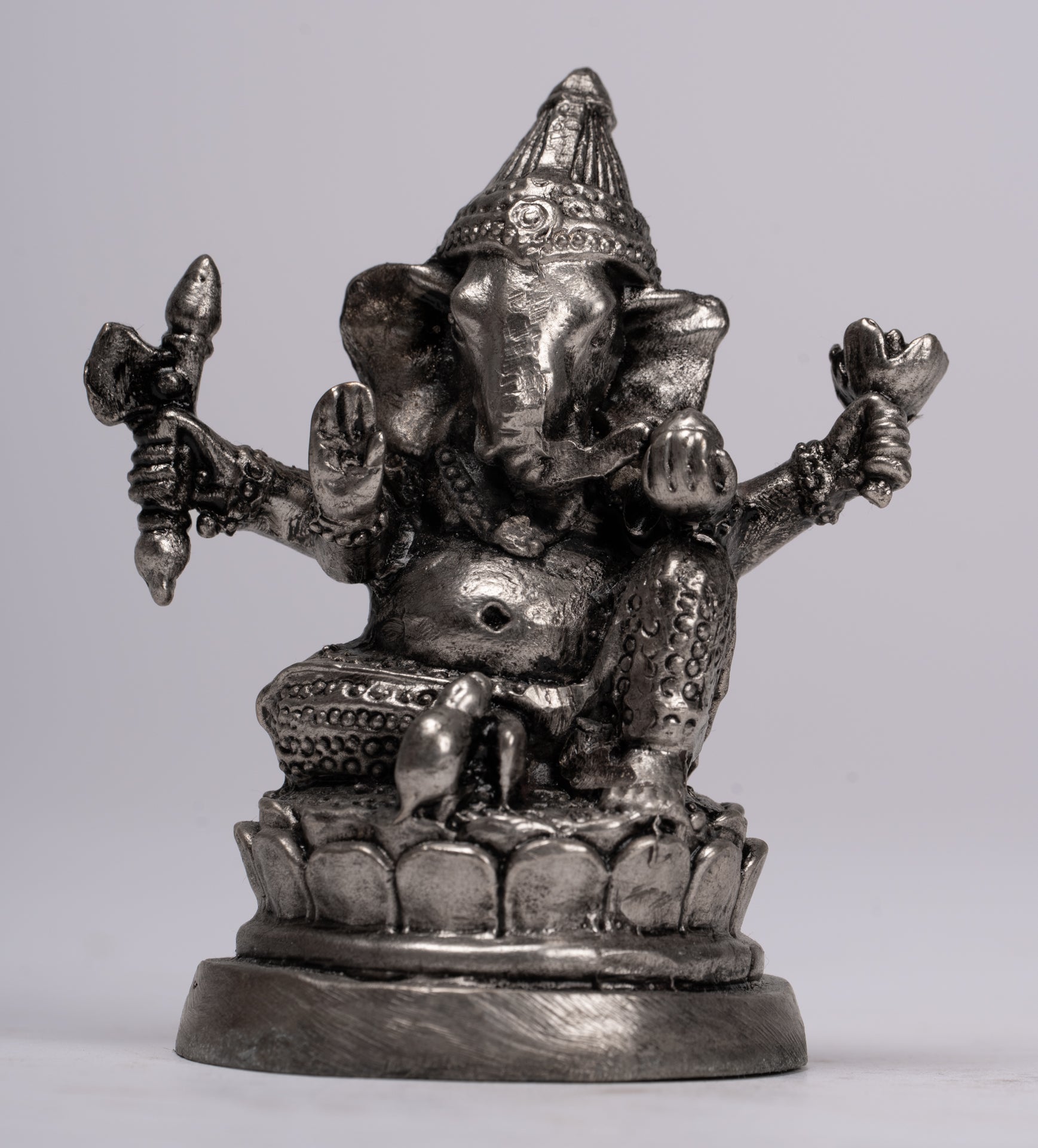 Ganesha Statue - Antique Thai Style Bronze Seated Silver Ganesha Statue - 8cm/3"