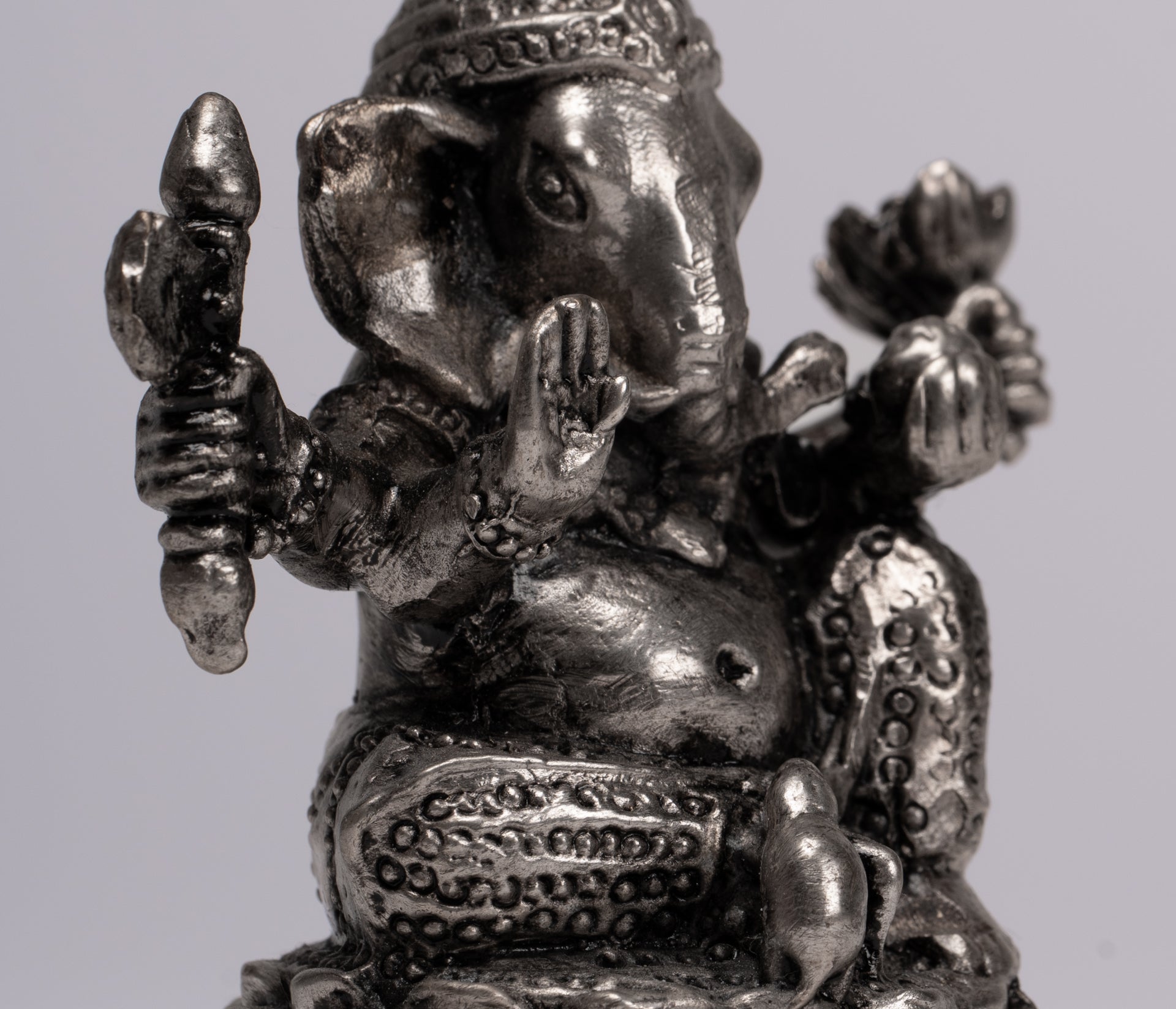 Ganesha Statue - Antique Thai Style Bronze Seated Silver Ganesha Statue - 8cm/3"