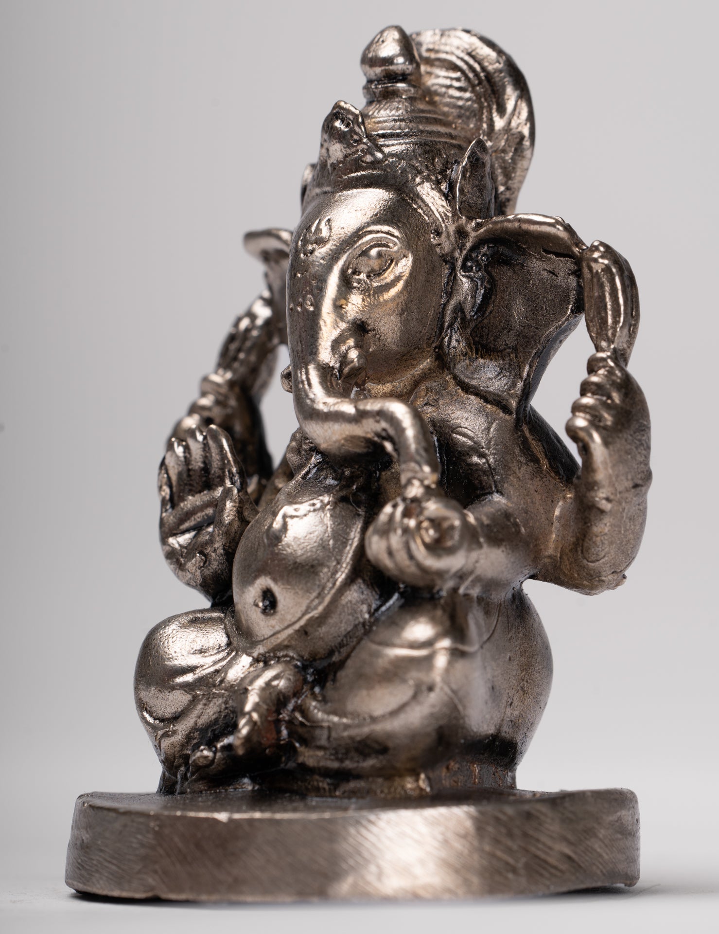 Ganesha Statue - Antique Thai Style Bronze Seated Silver Ganesha Statue - 8.5cm/3"