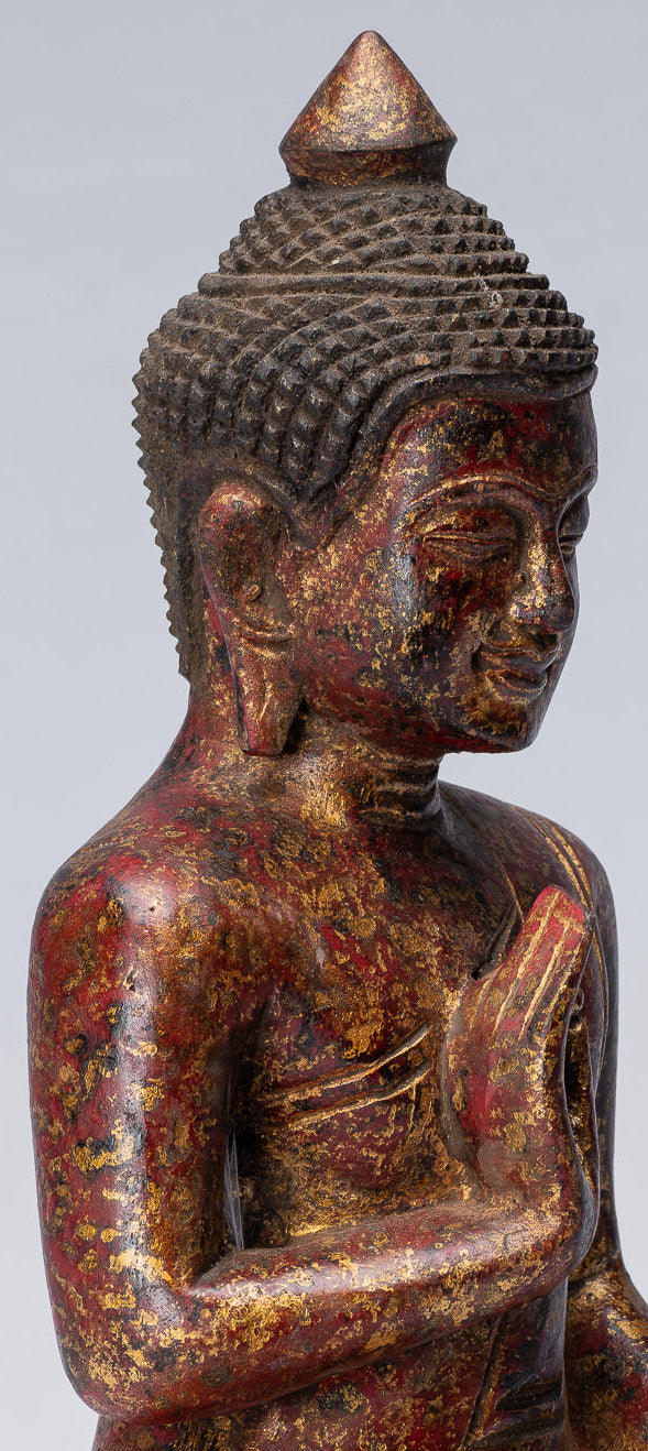 Bouddha Sculpture-Bouddha-Antique Khmer Style Seated Wood Buddha Statue Teaching Mudra-27cm/11 "