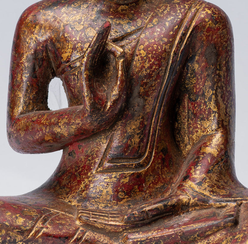 Scultura di Buddha - Buddha - Statua di Buddha seduto in legno in stile Khmer antico che insegna Mudra - 27 cm/11"