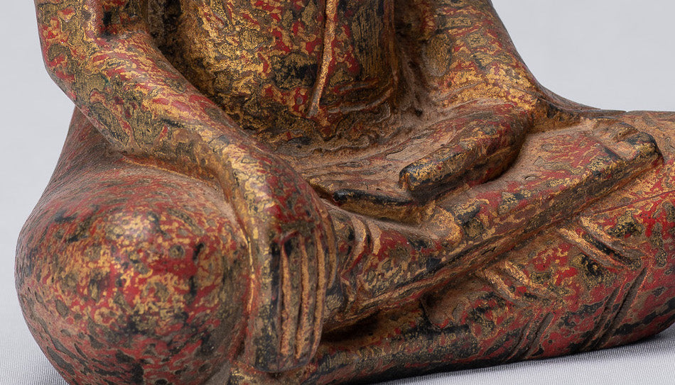 Buddha Statue-Antique Khmer Style SE Asia Seated Wood Enlightenment Buddha Statue-21cm/8 "