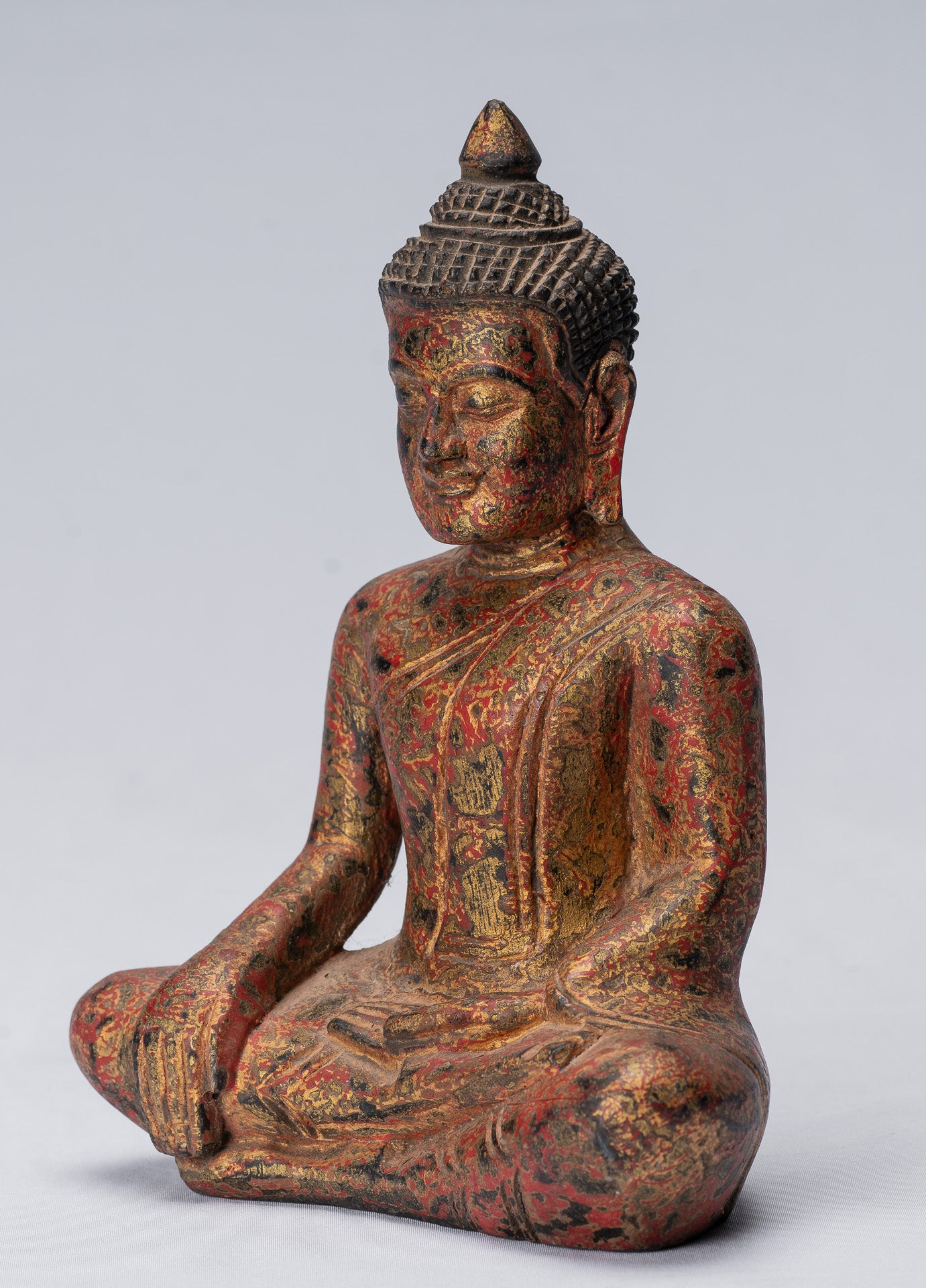 Buddha Statue-Antique Khmer Style SE Asia Seated Wood Enlightenment Buddha Statue-21cm/8 "