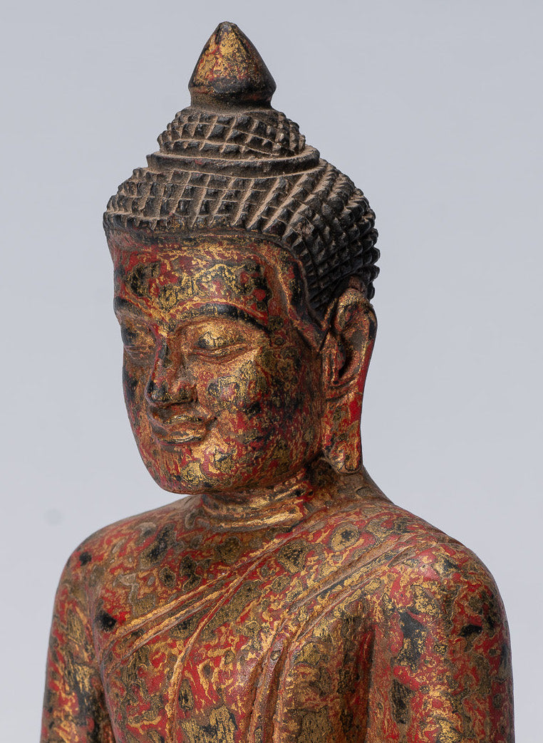 Buddha Statue-Antique Khmer Style SE Asia Seated Wood Enlightenment Buddha Statue-21cm/8 "