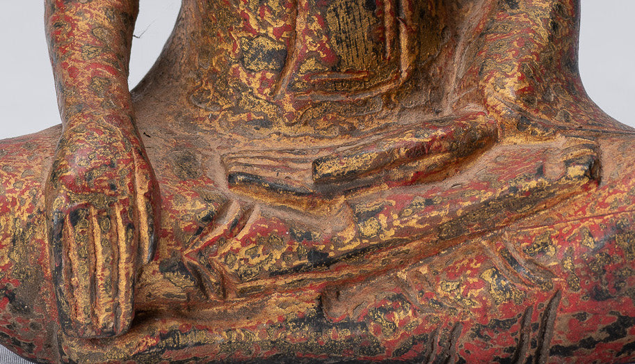 Buddha Statue-Antique Khmer Style SE Asia Seated Wood Enlightenment Buddha Statue-21cm/8 "