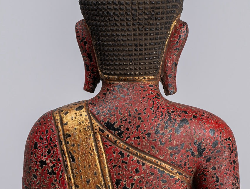 Buddha Statue - Antique Khmer Style SE Asia Seated Wood Enlightenment Buddha Statue - 33cm/13"