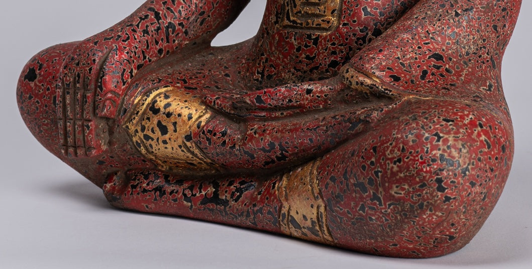 Buddha Statue - Antique Khmer Style SE Asia Seated Wood Enlightenment Buddha Statue - 33cm/13"