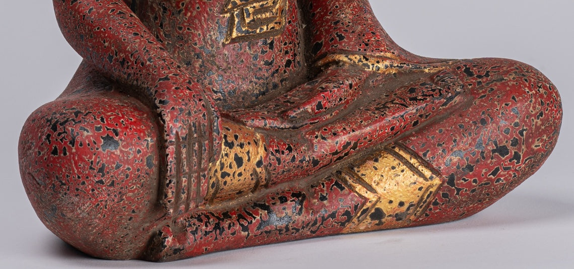 Buddha Statue - Antique Khmer Style SE Asia Seated Wood Enlightenment Buddha Statue - 33cm/13"