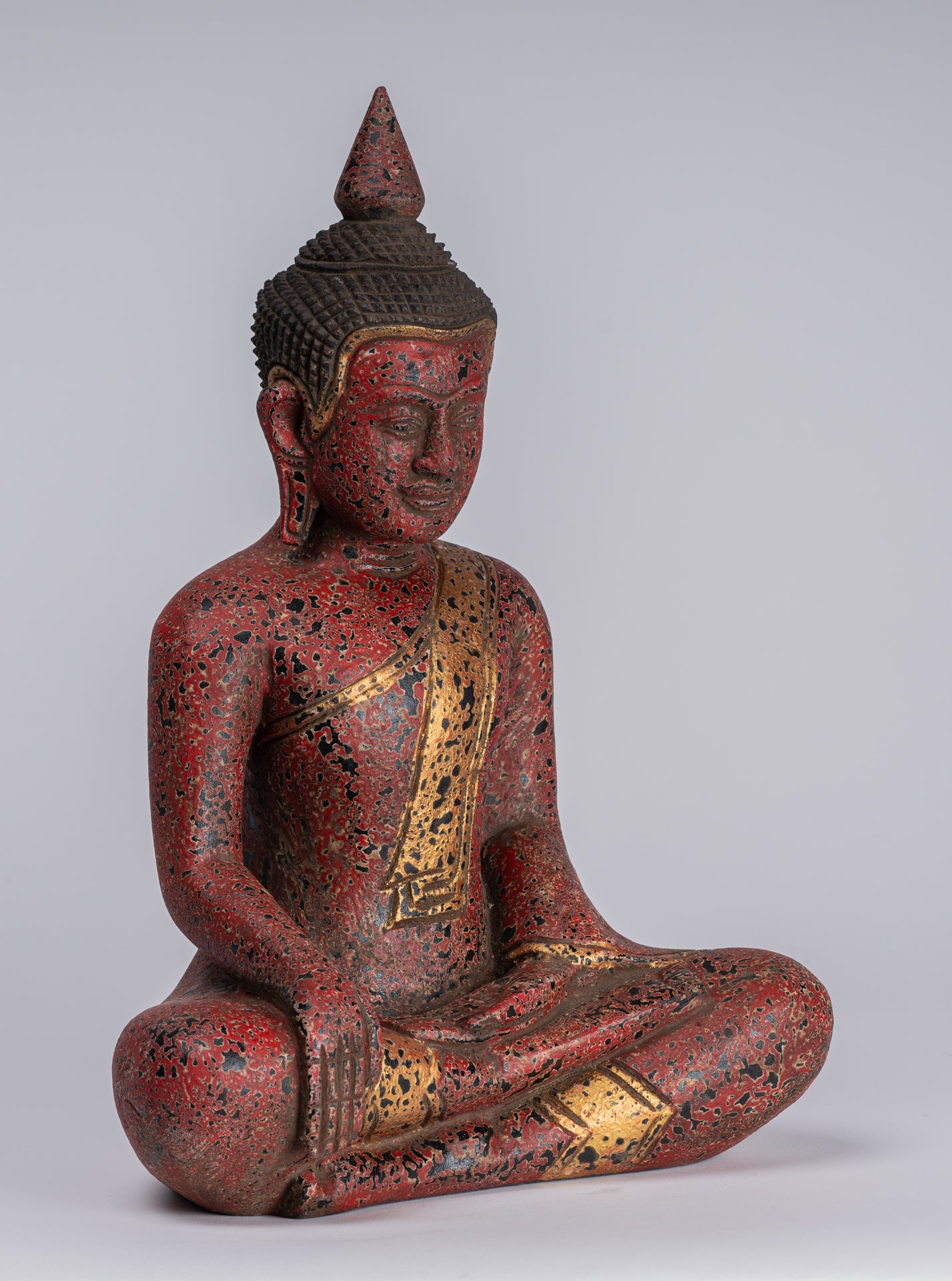 Buddha Statue - Antique Khmer Style SE Asia Seated Wood Enlightenment Buddha Statue - 33cm/13"