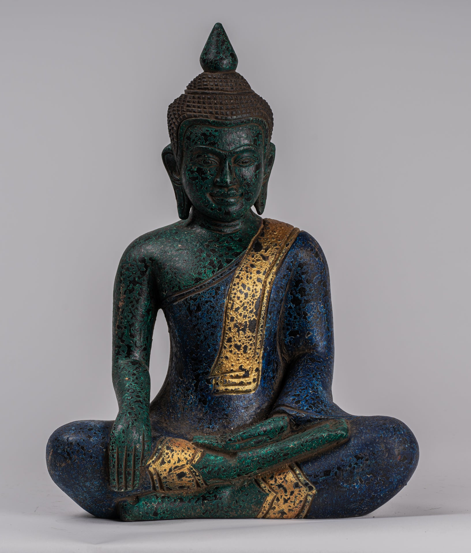 Buddha Statue - Antique Khmer Style SE Asia Seated Wood Enlightenment Buddha Statue - 32cm/13"
