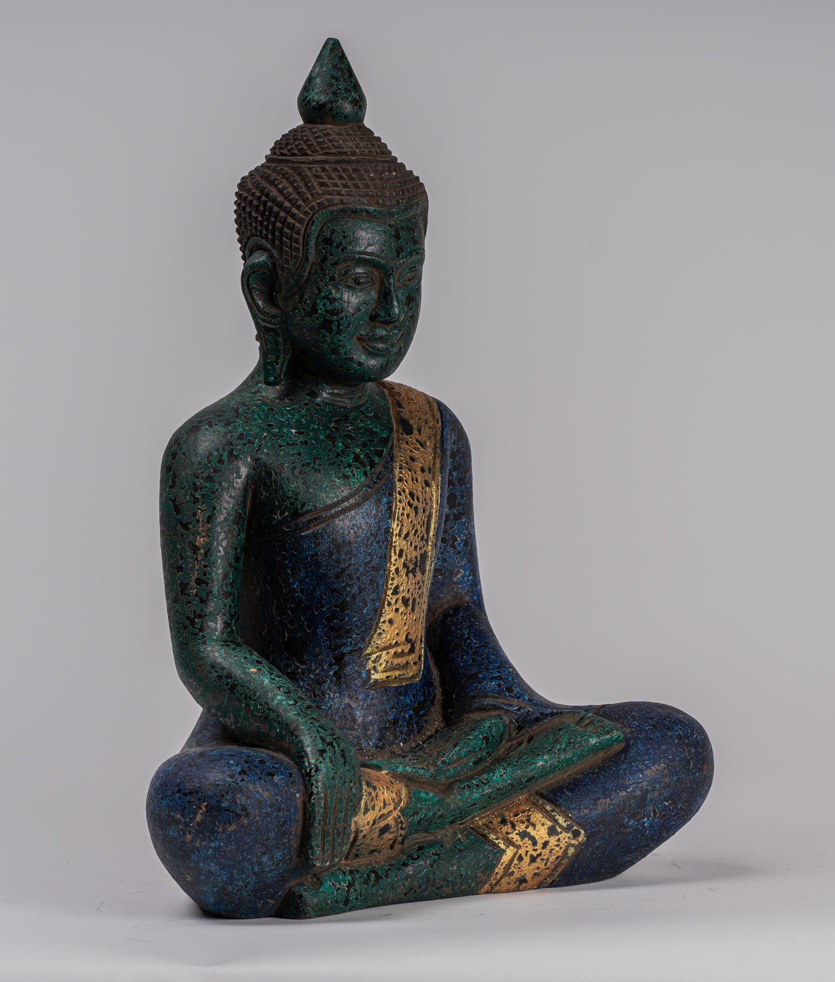 Buddha Statue - Antique Khmer Style SE Asia Seated Wood Enlightenment Buddha Statue - 32cm/13"