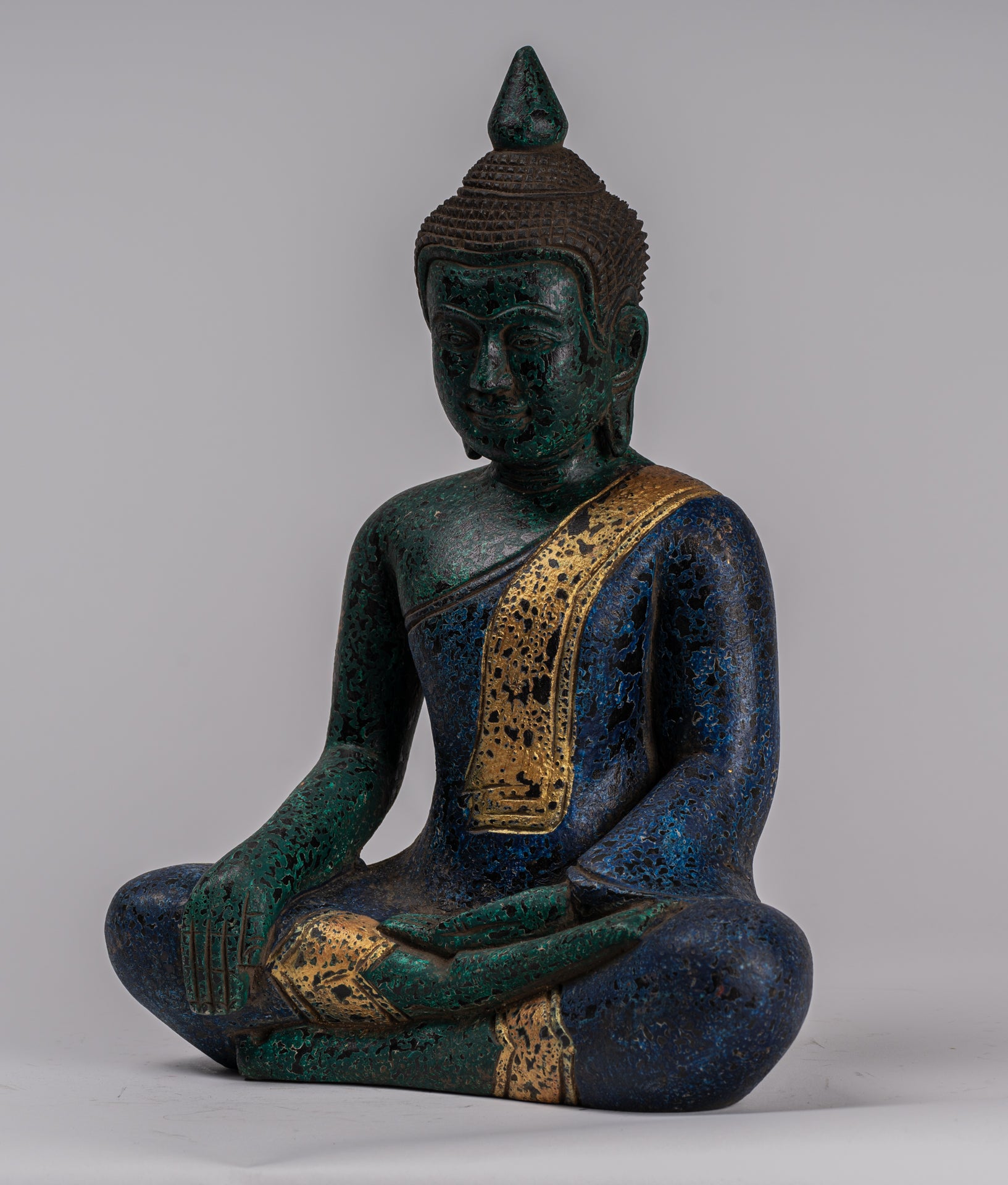 Buddha Statue - Antique Khmer Style SE Asia Seated Wood Enlightenment Buddha Statue - 32cm/13"