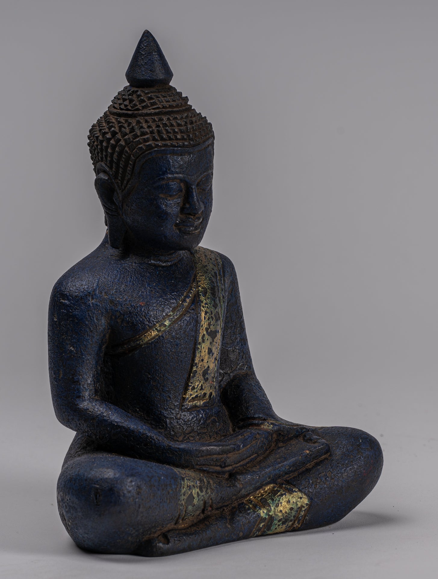 Buddha Sculpture - Antique Khmer Style Wood Seated Buddha Statue Dhyana Meditation Mudra - 21cm/8"