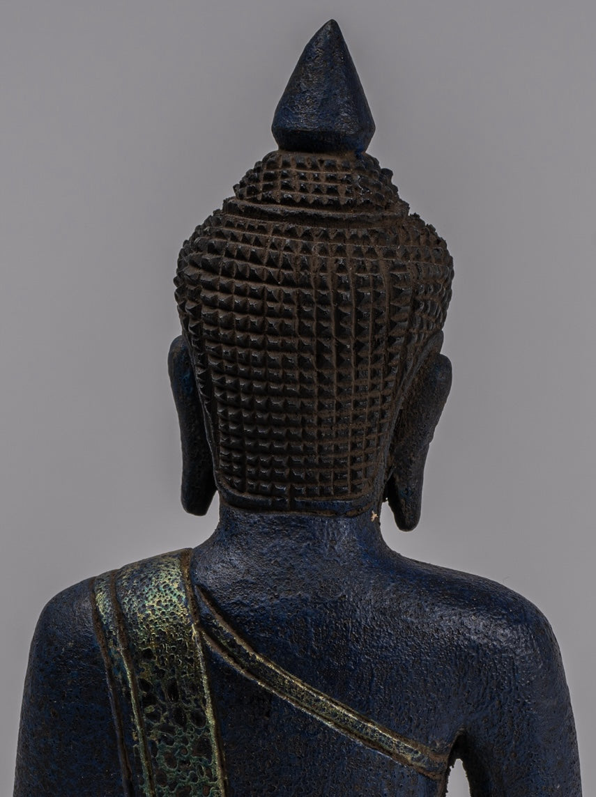 Buddha Sculpture - Antique Khmer Style Wood Seated Buddha Statue Dhyana Meditation Mudra - 21cm/8"