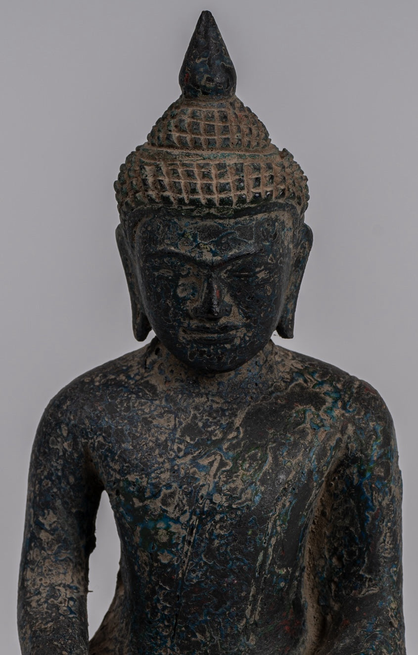 Buddha Statue - Antique Khmer Style SE Asia Seated Wood Enlightenment Buddha Statue - 21cm/8"