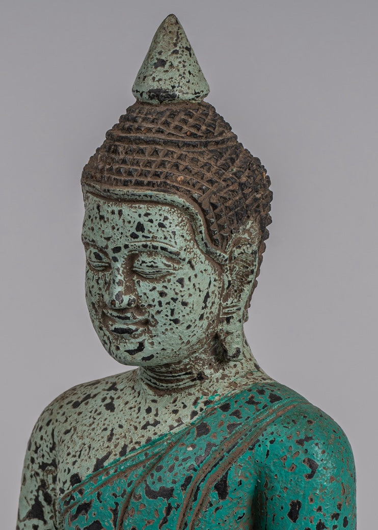 Buddha Statue - Antique Khmer Style SE Asia Seated Wood Enlightenment Buddha Statue - 26cm/10"