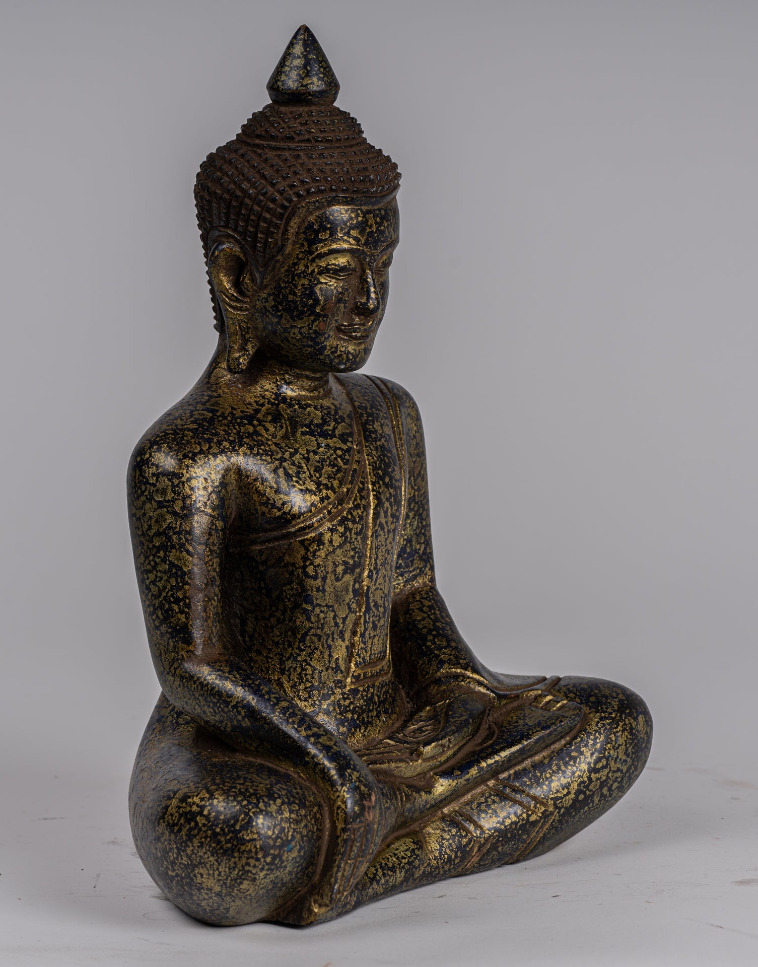 Buddha Statue - Antique Khmer Style SE Asia Seated Wood Enlightenment Buddha Statue - 26cm/10"