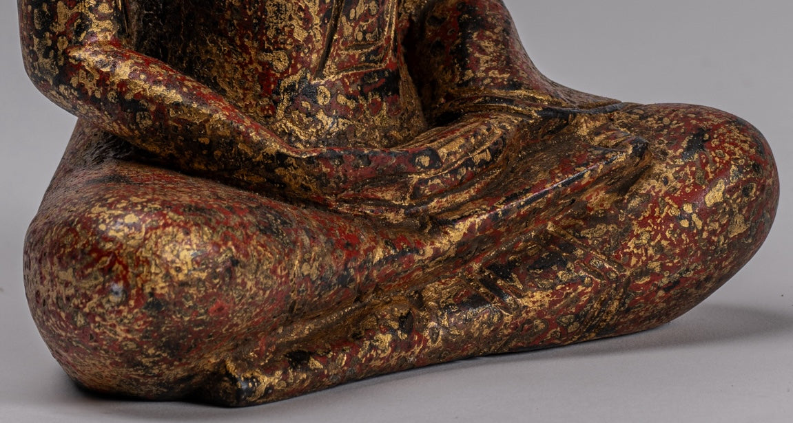 Buddha Sculpture - Antique Khmer Style Wood Seated Buddha Statue Dhyana Meditation Mudra - 21cm/8"