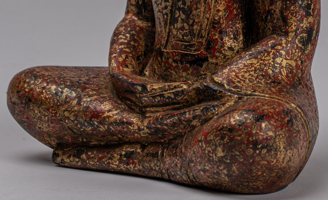 Buddha Sculpture - Antique Khmer Style Wood Seated Buddha Statue Dhyana Meditation Mudra - 21cm/8"