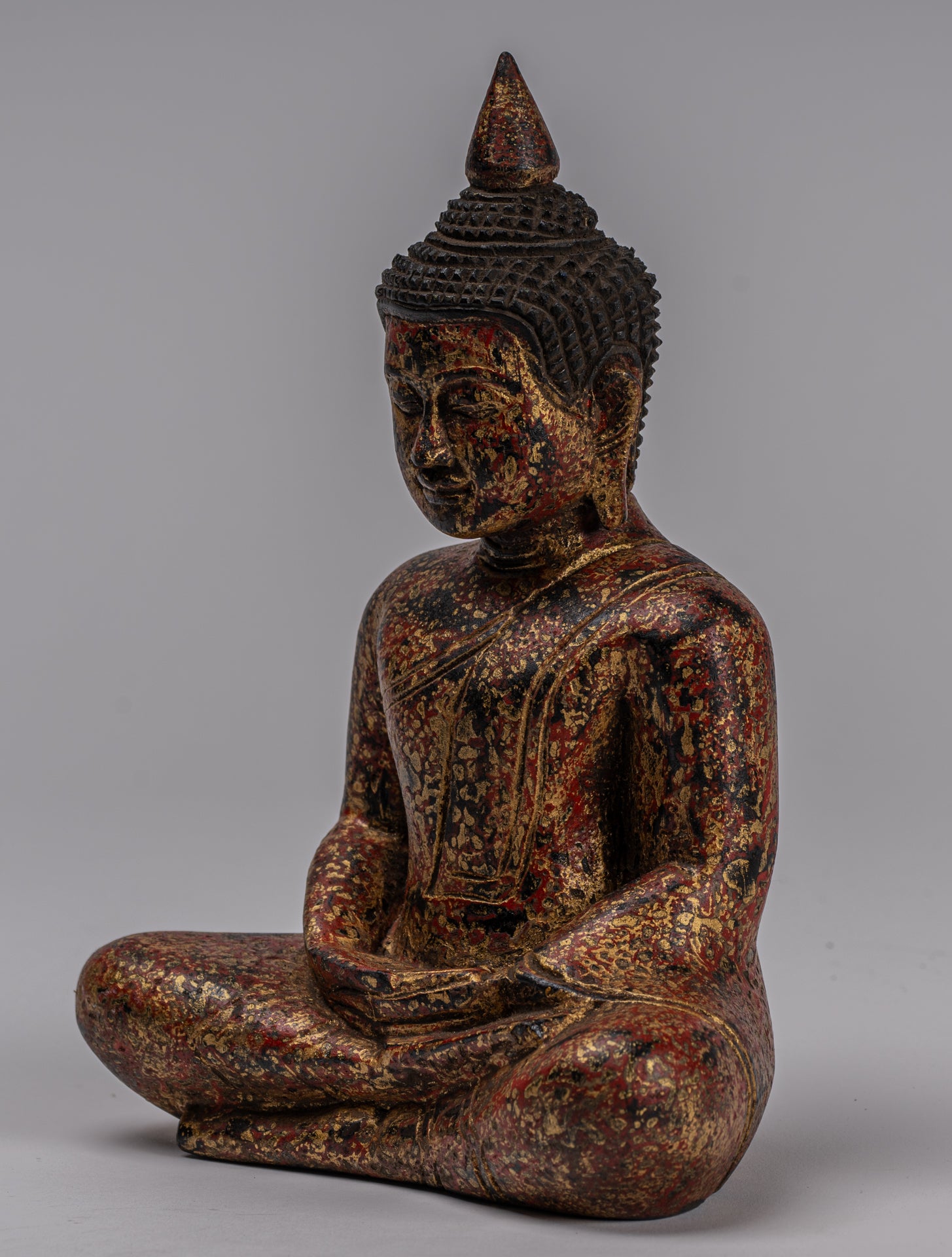 Buddha Sculpture - Antique Khmer Style Wood Seated Buddha Statue Dhyana Meditation Mudra - 21cm/8"