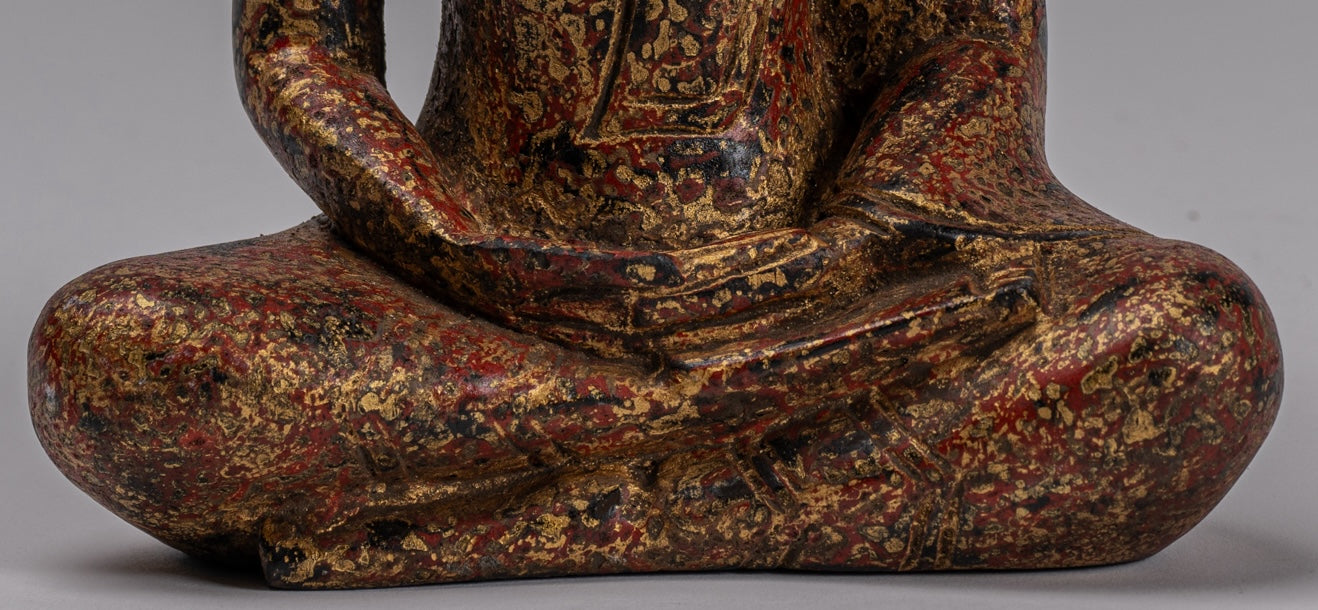 Buddha Sculpture - Antique Khmer Style Wood Seated Buddha Statue Dhyana Meditation Mudra - 21cm/8"