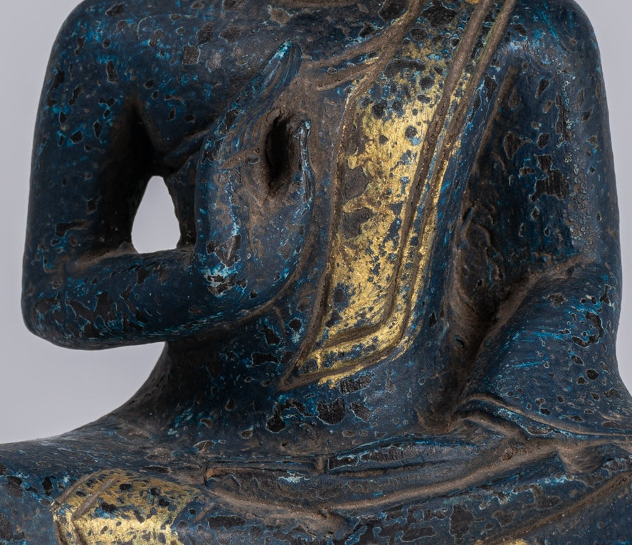 Buddha Statue - Antique Khmer Style Cambodia Seated Wood Buddha Statue Teaching Mudra - 20cm/8"