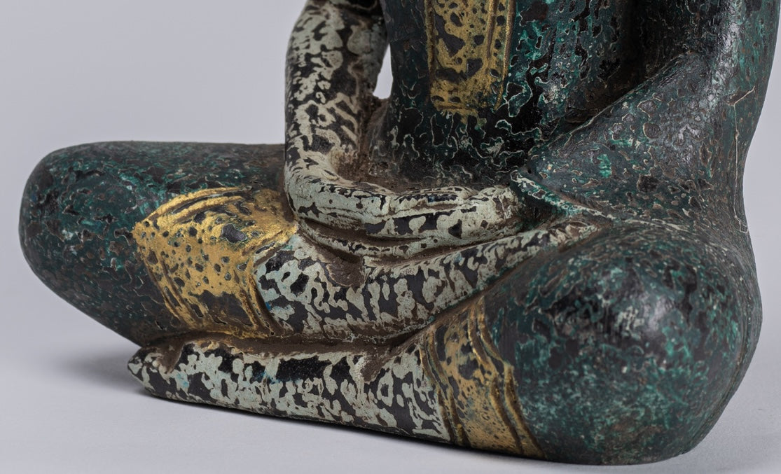 Buddha Sculpture - Antique Khmer Style Wood Seated Buddha Statue Dhyana Meditation Mudra - 21cm/8"