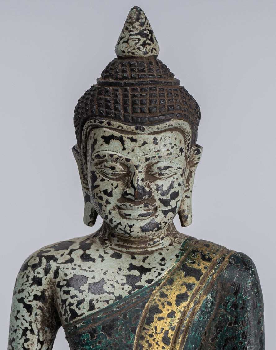 Buddha Sculpture - Antique Khmer Style Wood Seated Buddha Statue Dhyana Meditation Mudra - 21cm/8"