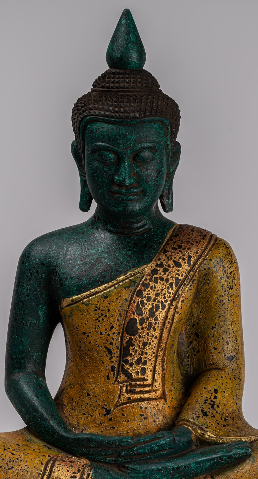 Buddha Sculpture - Antique Khmer Style Wood Seated Buddha Statue Dhyana Meditation Mudra - 39cm/16"