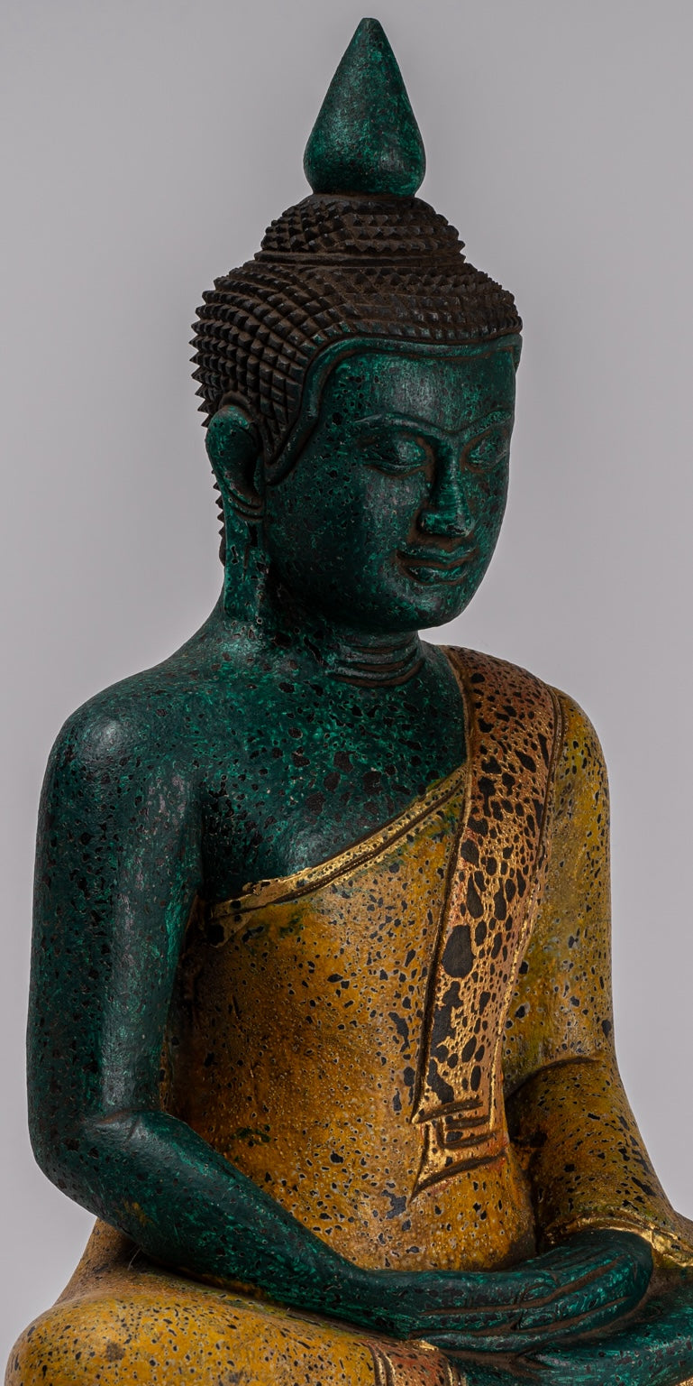 Buddha Sculpture - Antique Khmer Style Wood Seated Buddha Statue Dhyana Meditation Mudra - 39cm/16"