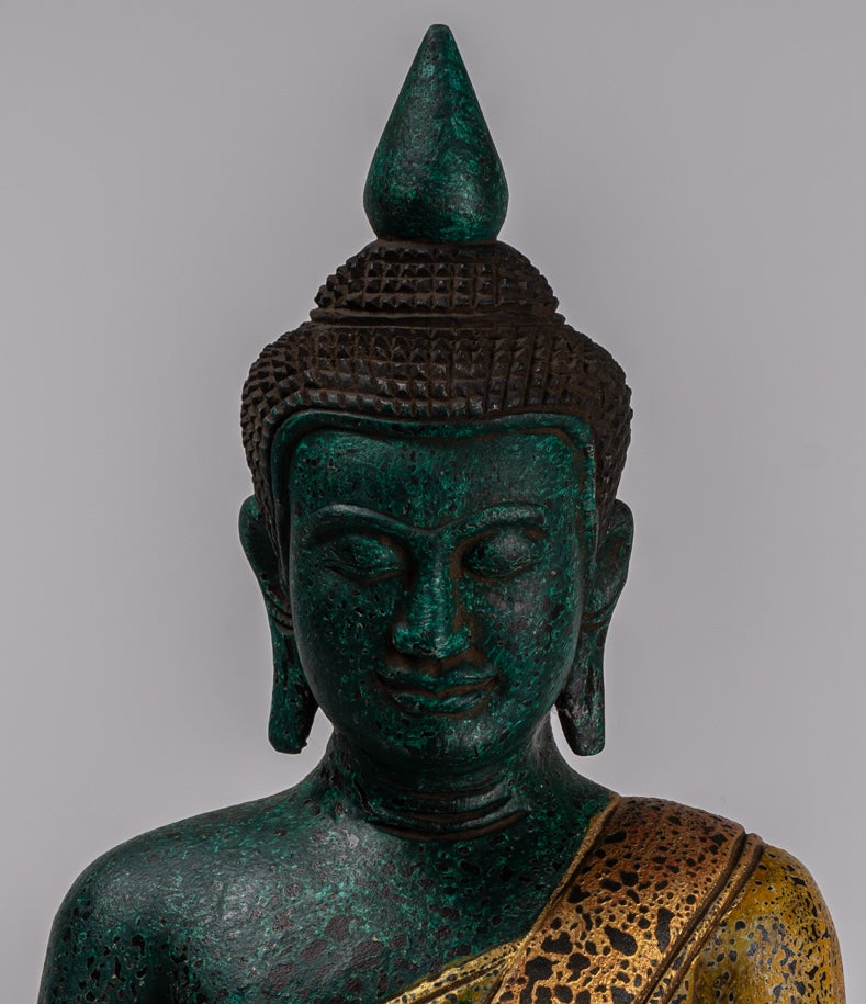 Buddha Sculpture - Antique Khmer Style Wood Seated Buddha Statue Dhyana Meditation Mudra - 39cm/16"
