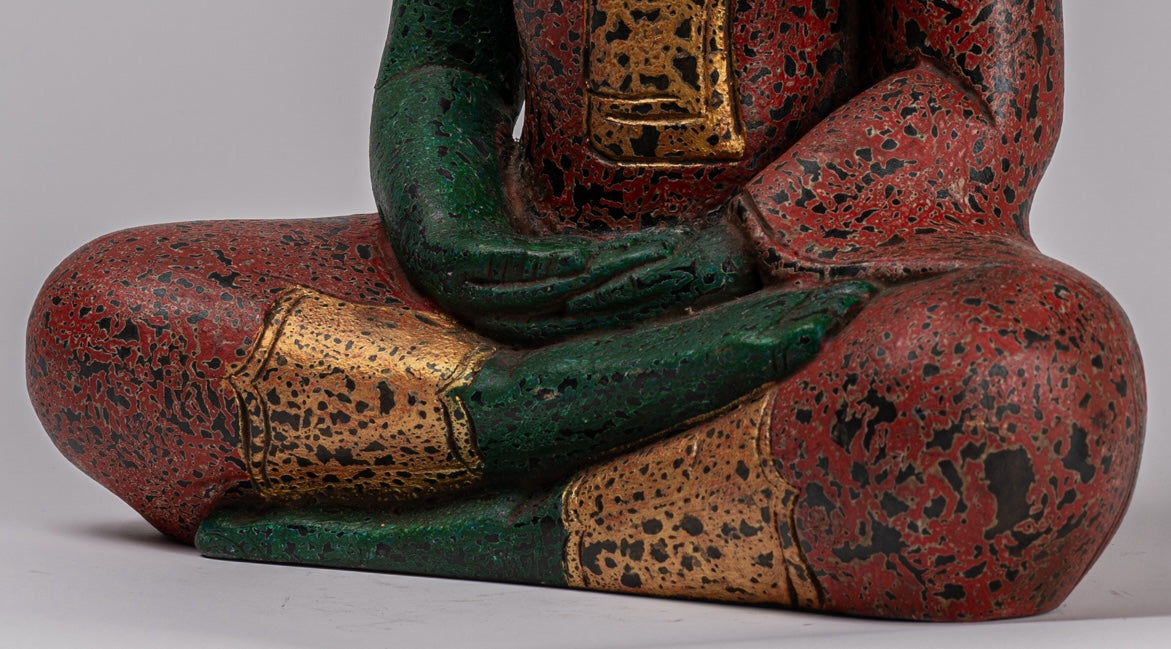 Buddha Sculpture - Antique Khmer Style Wood Seated Buddha Statue Dhyana Meditation Mudra - 47cm/19"