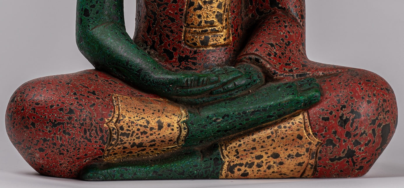 Buddha Sculpture - Antique Khmer Style Wood Seated Buddha Statue Dhyana Meditation Mudra - 47cm/19"