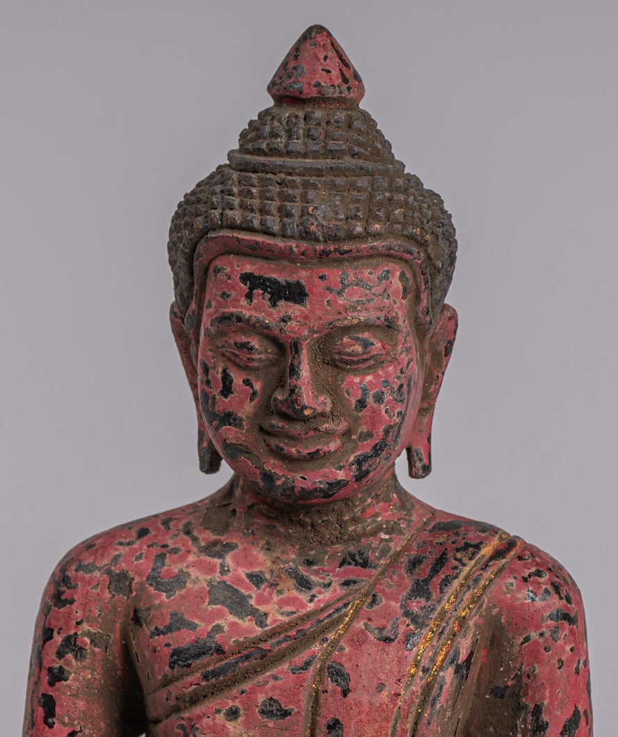 Buddha Statue - Antique Khmer Style SE Asia Seated Wood Enlightenment Buddha Statue - 21cm/8"