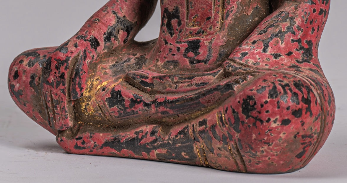 Buddha Statue - Antique Khmer Style SE Asia Seated Wood Enlightenment Buddha Statue - 21cm/8"