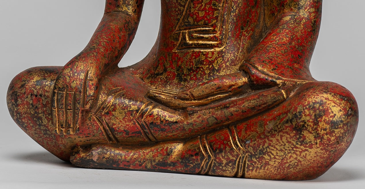 Buddha Statue - Antique Khmer Style SE Asia Seated Wood Enlightenment Buddha Statue - 33cm/13"